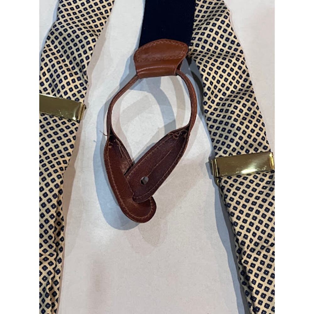 Vintage Silk Suspenders Braces Cream Navy Gold Brown Leather Fully Expandable